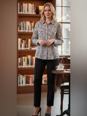 CAbi Black & Ivory Abstract Spot Print Top